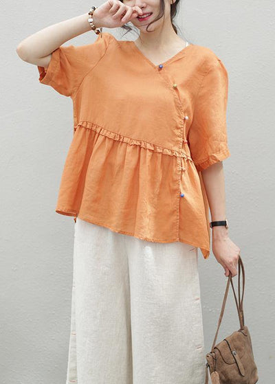 French orange linen clothes o neck Cinched Knee blouse - bagstylebliss