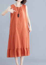 French orange linen cotton quilting clothes o neck sleeveless Love summer Dress - bagstylebliss