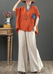 French orange linen tops women v neck pockets silhouette shirt - bagstylebliss
