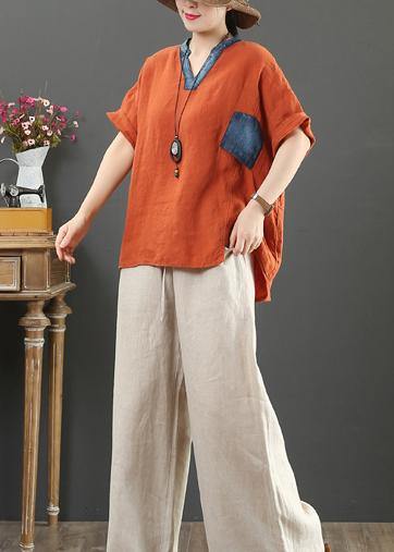 French orange linen tops women v neck pockets silhouette shirt - bagstylebliss