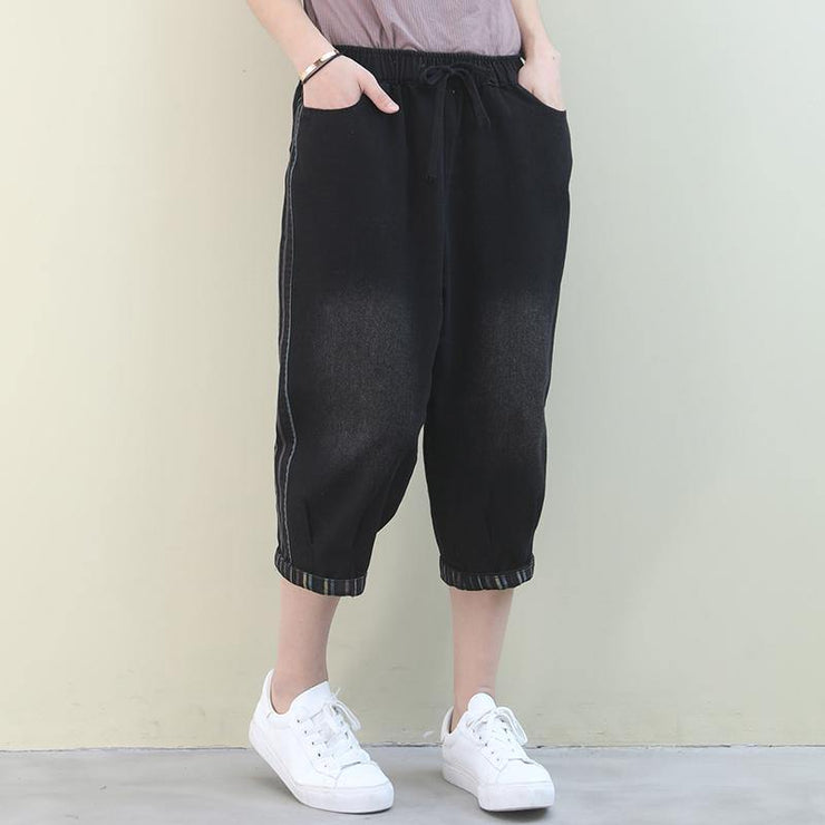 French pants plus size denim black elastic waist pockets pants - bagstylebliss