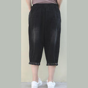 French pants plus size denim black elastic waist pockets pants - bagstylebliss