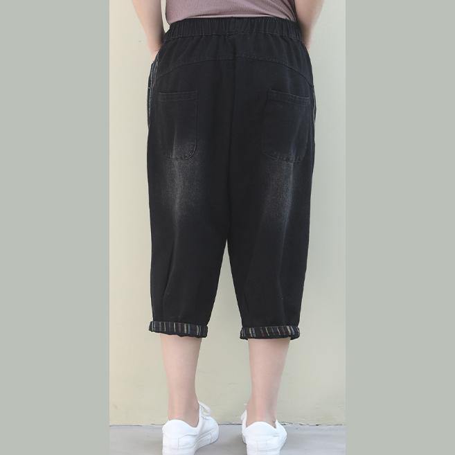 French pants plus size denim black elastic waist pockets pants - bagstylebliss