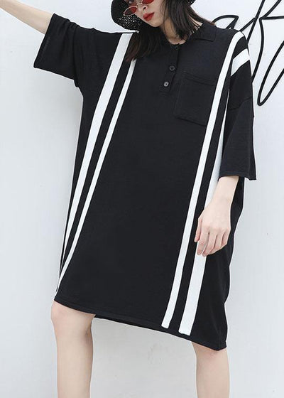 French patchwork big pockets Cotton clothes For Women Neckline black Dress summer - bagstylebliss