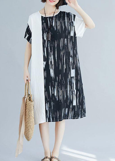 French patchwork cotton linen clothes Women pattern black Dresses summer - bagstylebliss