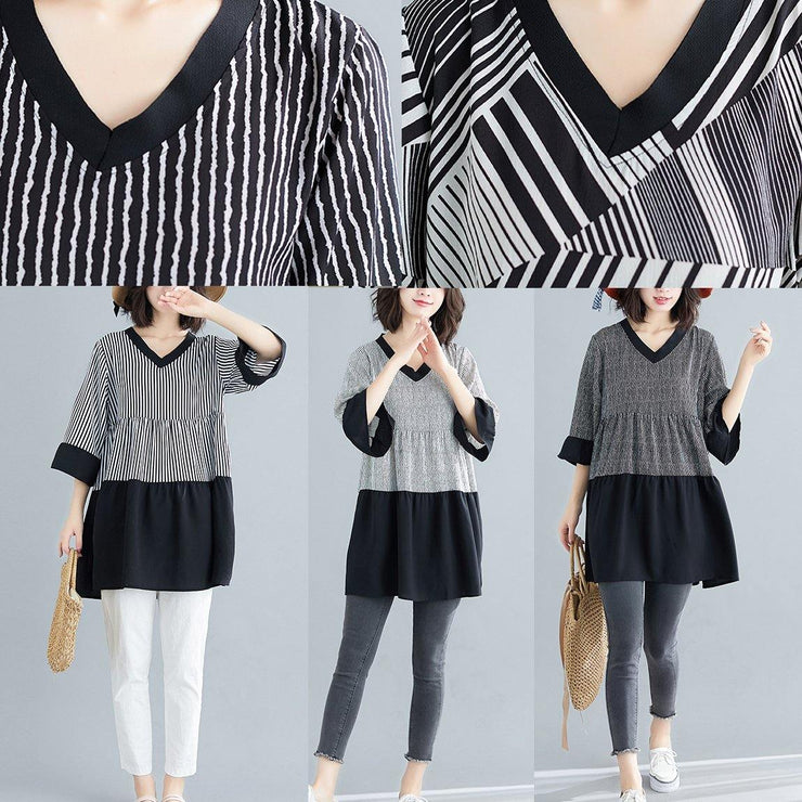 French patchwork flare sleeve chiffon clothes black striped loose Dresses Summer - bagstylebliss