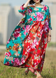 French patchwork o neck linen dresses Inspiration red green print Dress summer - bagstylebliss