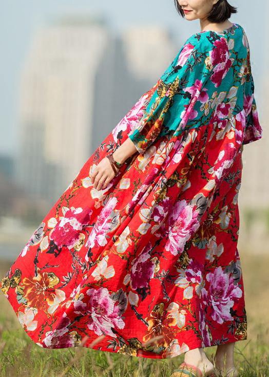 French patchwork o neck linen dresses Inspiration red green print Dress summer - bagstylebliss