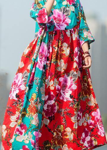 French patchwork o neck linen dresses Inspiration red green print Dress summer - bagstylebliss