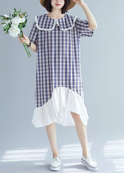 French patchwork ruffles linen clothes Outfits blue plaid Dresses summer - bagstylebliss