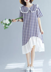 French patchwork ruffles linen clothes Outfits blue plaid Dresses summer - bagstylebliss