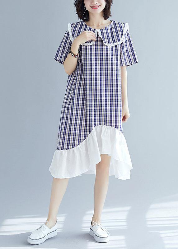 French patchwork ruffles linen clothes Outfits blue plaid Dresses summer - bagstylebliss