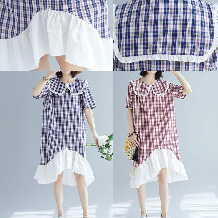 French patchwork ruffles linen clothes Outfits blue plaid Dresses summer - bagstylebliss