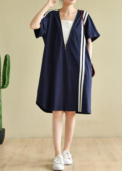 French patchwork zippered clothes Tunic Tops navy Dress - bagstylebliss