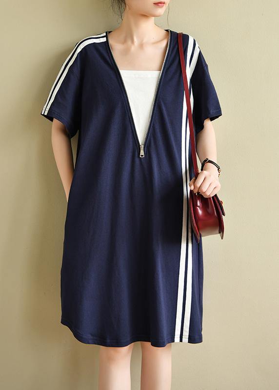 French patchwork zippered clothes Tunic Tops navy Dress - bagstylebliss