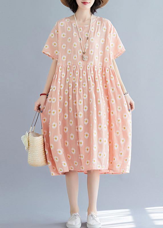 French pink Daisy print outfit o neck daily summer Dresses - bagstylebliss