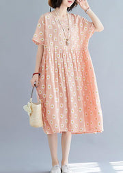 French pink Daisy print outfit o neck daily summer Dresses - bagstylebliss