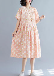 French pink Daisy print outfit o neck daily summer Dresses - bagstylebliss