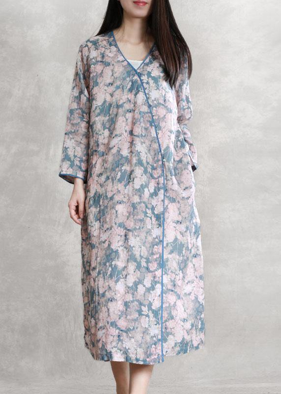 French pink blue print quilting dresses v neck asymmetric Dresses - bagstylebliss