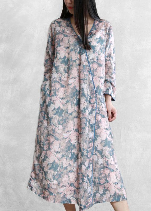 French pink blue print quilting dresses v neck asymmetric Dresses - bagstylebliss