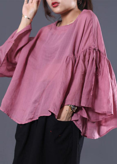 French pink linen tunic top ruffles sleeve daily summer tops - bagstylebliss