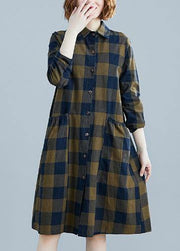 French plaid Cotton clothes Women lapel pockets daily spring Dresses - bagstylebliss
