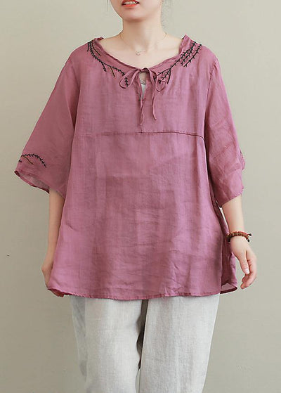 French purple embroidery linen Blouse o neck Midi shirts - bagstylebliss