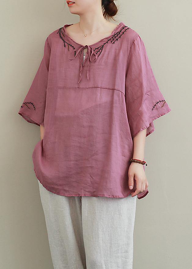 French purple embroidery linen Blouse o neck Midi shirts - bagstylebliss