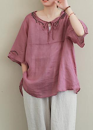 French purple embroidery linen Blouse o neck Midi shirts - bagstylebliss