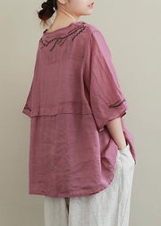 French purple embroidery linen Blouse o neck Midi shirts - bagstylebliss