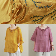 French purple embroidery linen Blouse o neck Midi shirts - bagstylebliss