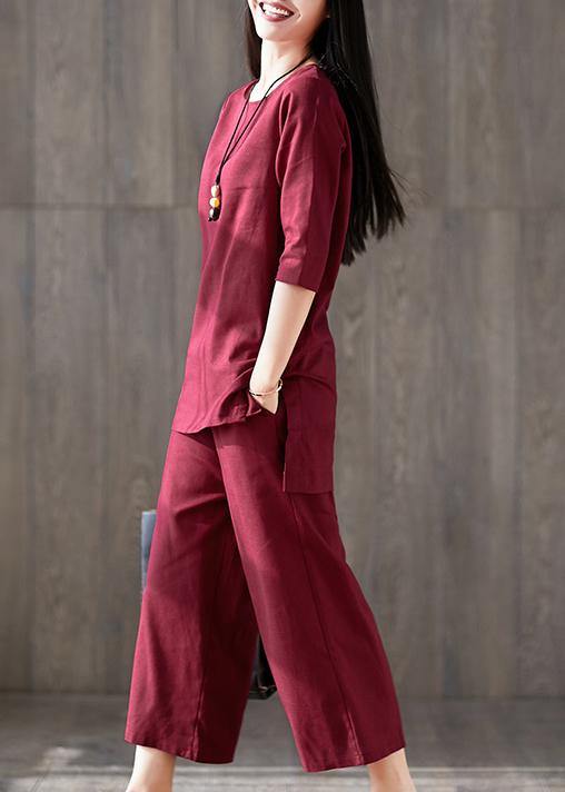 French red cotton clothes For Women Fitted linen wide leg pants two pieces Maxi o neck Chinese Button tops - bagstylebliss