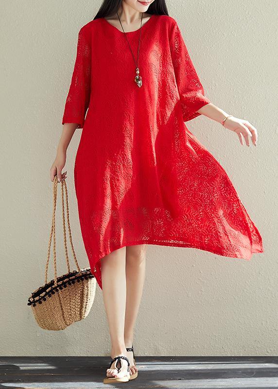 French red cotton outfit Fine pattern asymmetric hem Dresses summer Dress - bagstylebliss