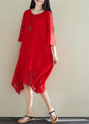 French red cotton outfit Fine pattern asymmetric hem Dresses summer Dress - bagstylebliss