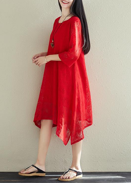 French red cotton outfit Fine pattern asymmetric hem Dresses summer Dress - bagstylebliss