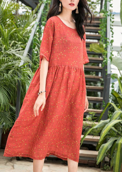 French red dotted linen dresses o neck patchwork long summer Dress - bagstylebliss