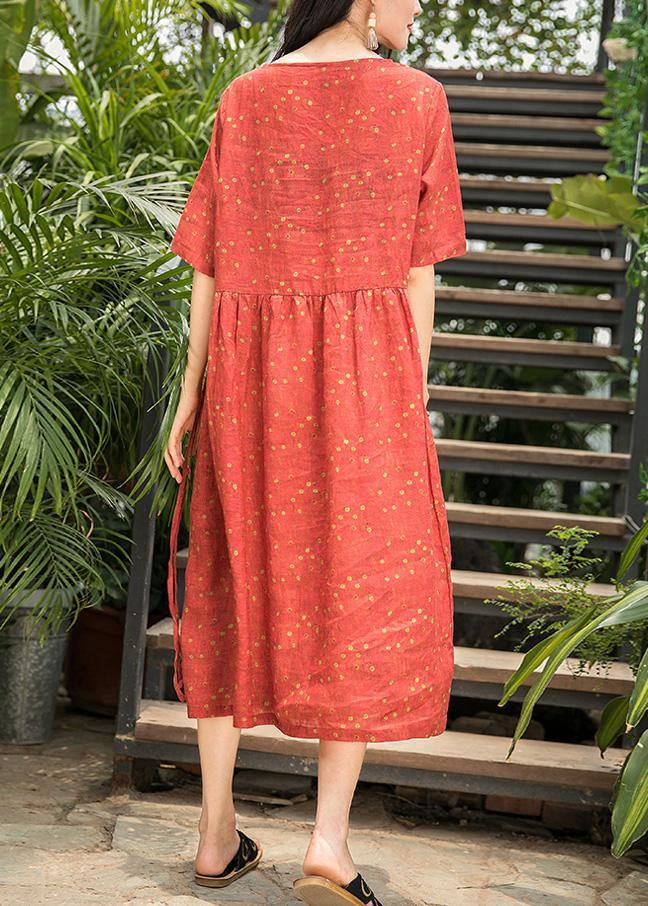French red dotted linen dresses o neck patchwork long summer Dress - bagstylebliss