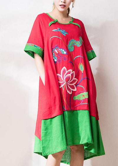 French red embroidery cotton tunic pattern o neck patchwork Art summer Dresses - bagstylebliss