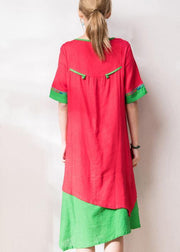 French red embroidery cotton tunic pattern o neck patchwork Art summer Dresses - bagstylebliss