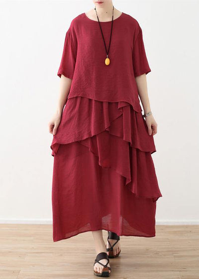 French red linen cotton dresses Omychic Tutorials asymmetric Robe summer Dresses - bagstylebliss