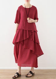 French red linen cotton dresses Omychic Tutorials asymmetric Robe summer Dresses - bagstylebliss