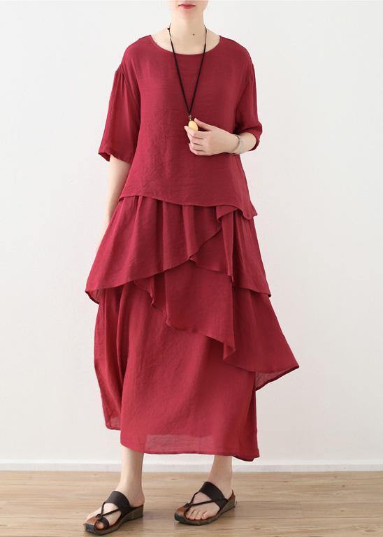 French red linen cotton dresses Omychic Tutorials asymmetric Robe summer Dresses - bagstylebliss