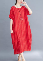 French red linen cotton dresses striped cotton summer Dress - bagstylebliss