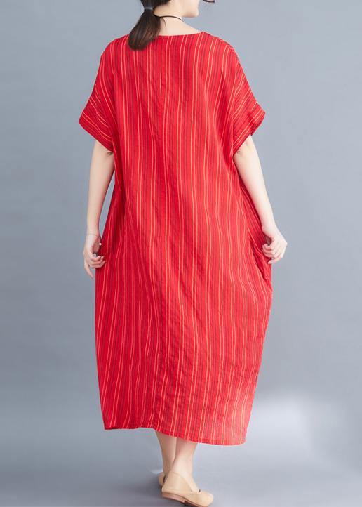 French red linen cotton dresses striped cotton summer Dress - bagstylebliss