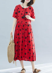 French red linen cotton tunic pattern dotted short summer Dress - bagstylebliss