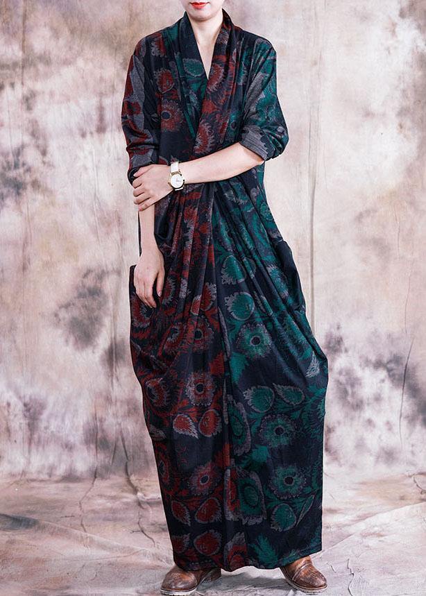French red patchwork green print cotton tunic v neck Cinched long fall Dresses - bagstylebliss