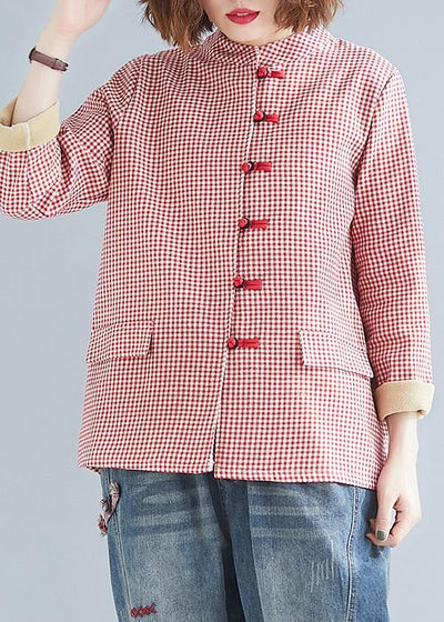 French red plaid cotton linen top silhouette Outfits stand collar pockets blouses - bagstylebliss