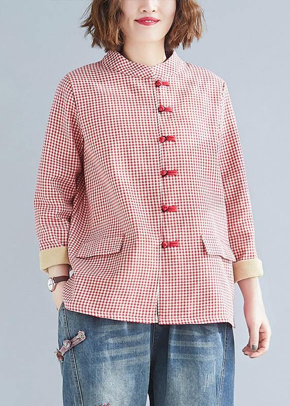 French red plaid cotton linen top silhouette Outfits stand collar pockets blouses - bagstylebliss