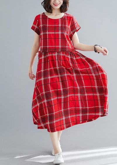 French red plaid linen cotton quilting clothes big hem Dresses summer Dresses - bagstylebliss