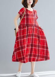 French red plaid linen cotton quilting clothes big hem Dresses summer Dresses - bagstylebliss